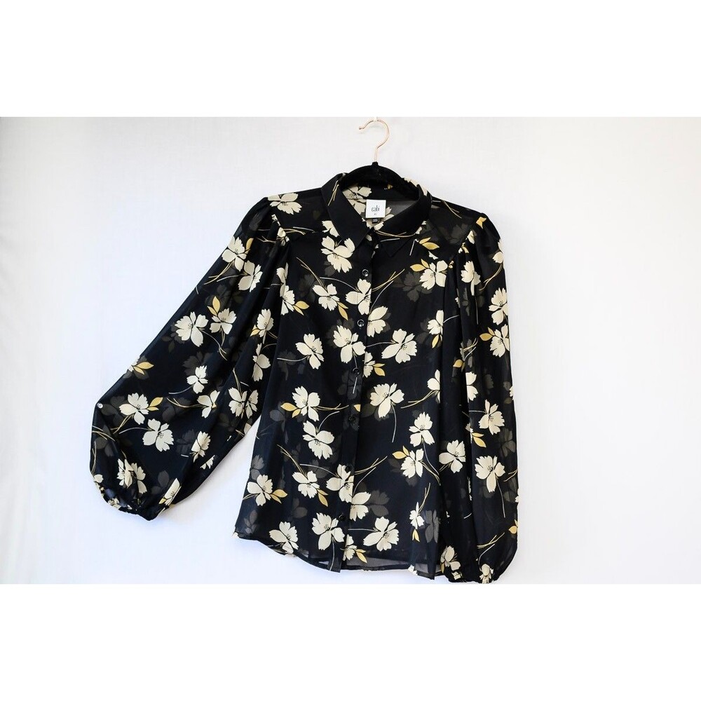 Cabi XS Dark Floral button‎ down Blouse collar office career basic Black Sheer